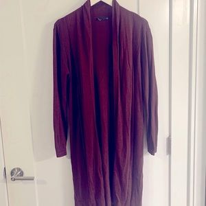 Long open cardigan, maroon colored. Thin, knit material. Very soft. Size medium.